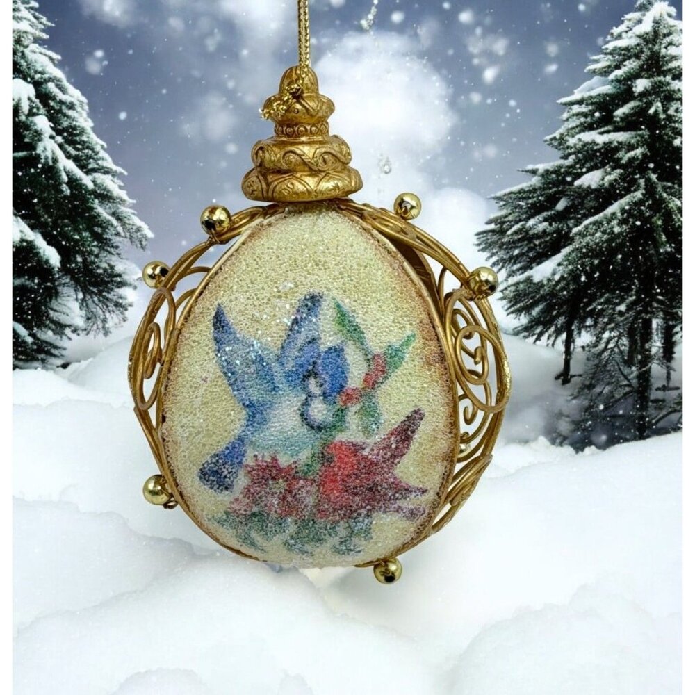 Vintage Bluebird Wire Christmas Tree Ornament Glitter Bird Floral Gold Tone